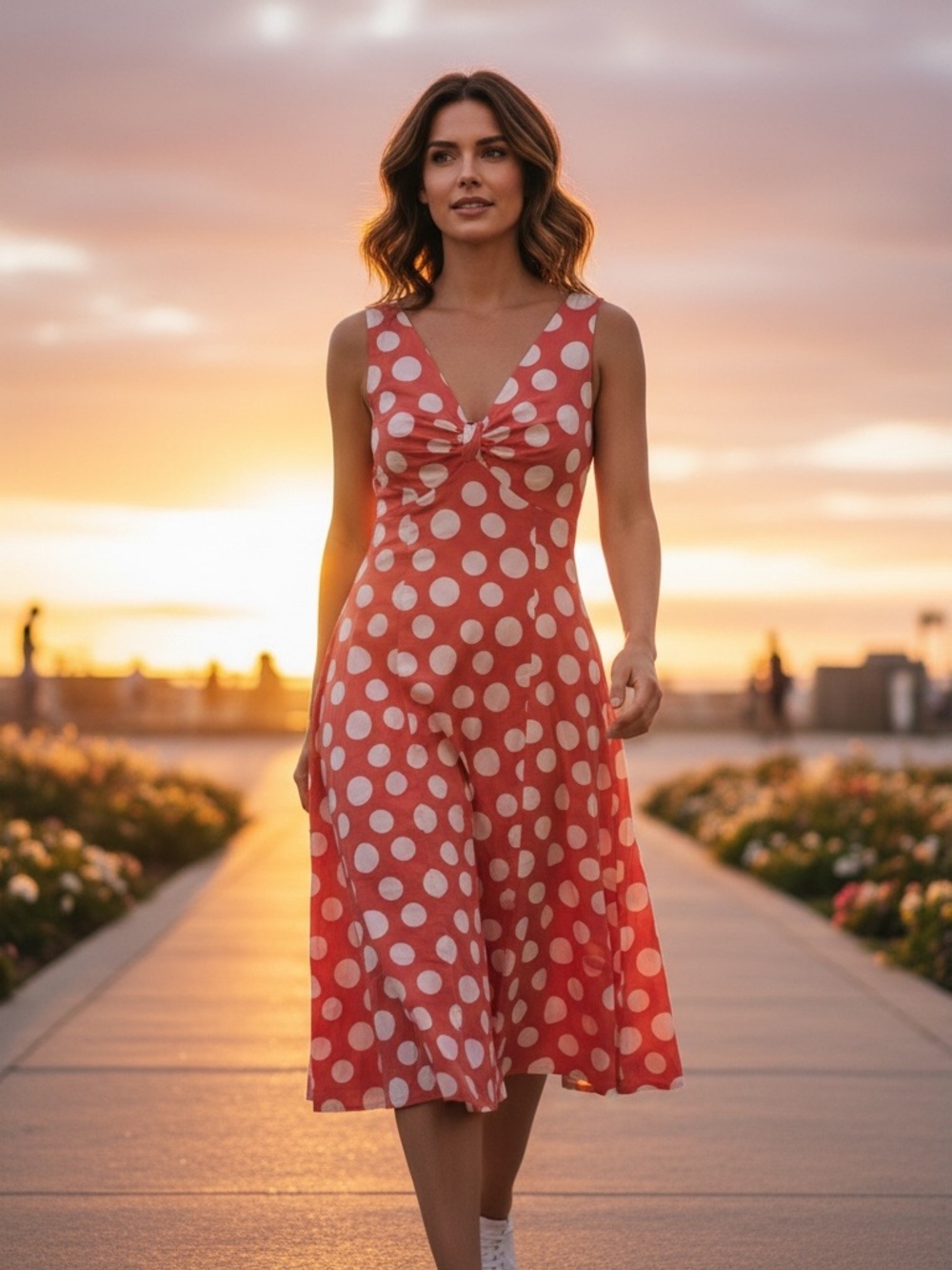 Coral and White Polka Dot V-Neck Cotton Dress by Boden | Classic Midi Style